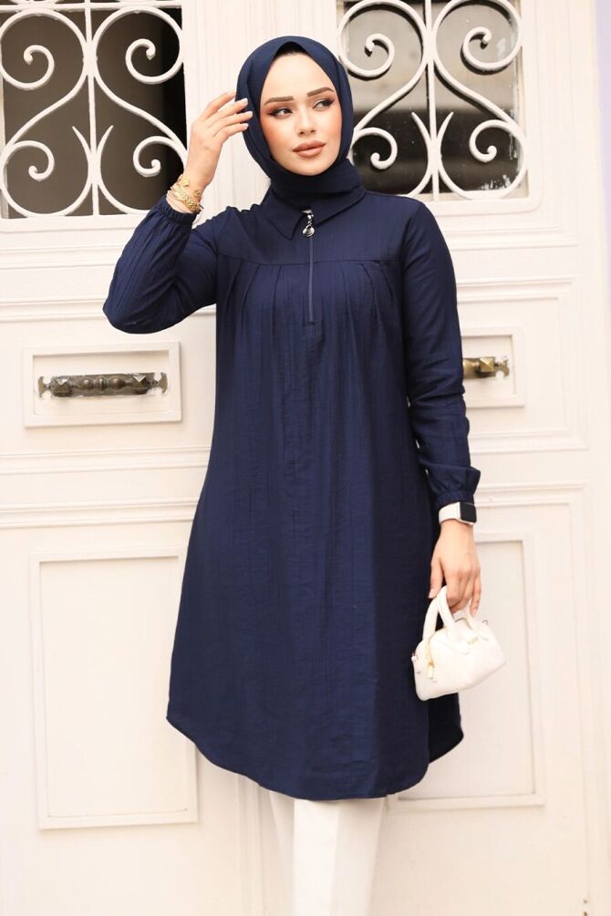 Fermuarlı Lacivert Tesettür Tunik 1467L - 1
