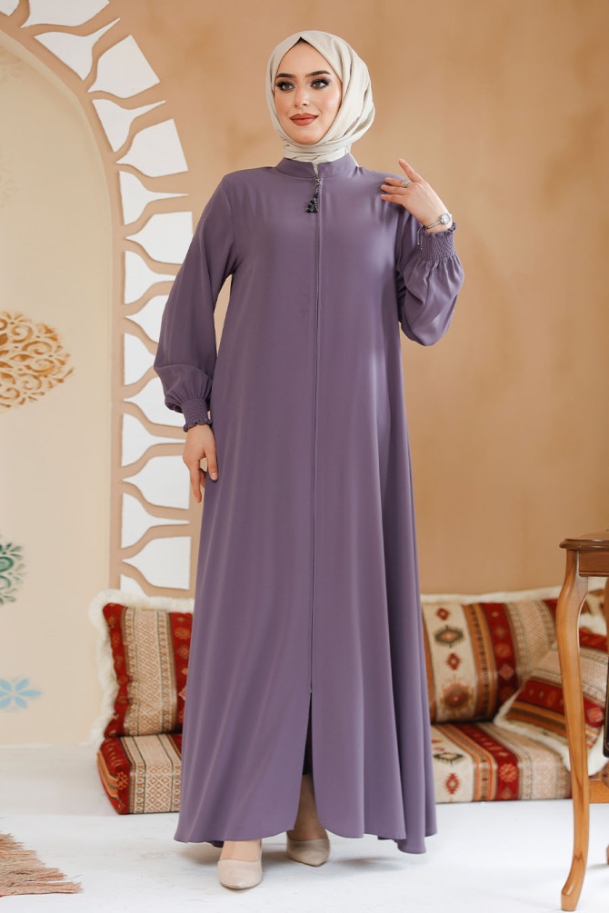 Fermuarlı Lila Tesettür Ferace 45287LILA - 3