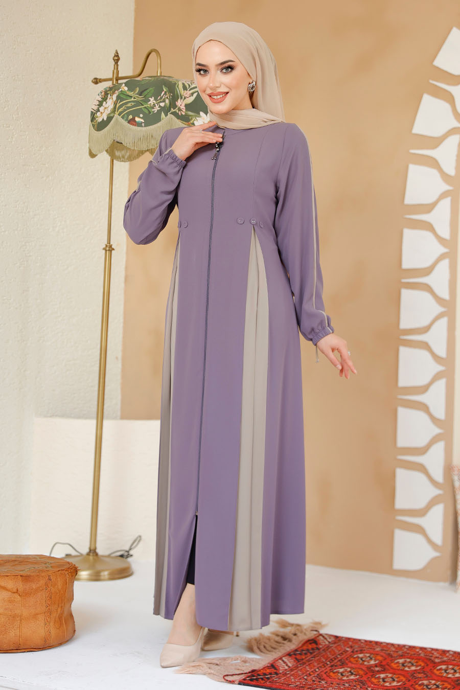 Fermuarlı Lila Tesettür Ferace 45288LILA - 2