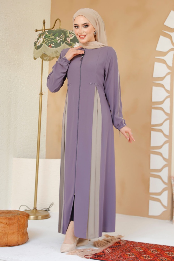 Fermuarlı Lila Tesettür Ferace 45288LILA - 2