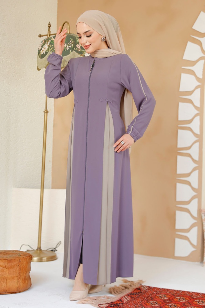 Fermuarlı Lila Tesettür Ferace 45288LILA - 3