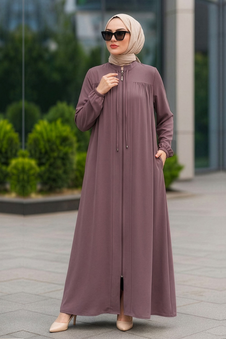 Fermuarlı Lila Tesettür Ferace 45290LILA