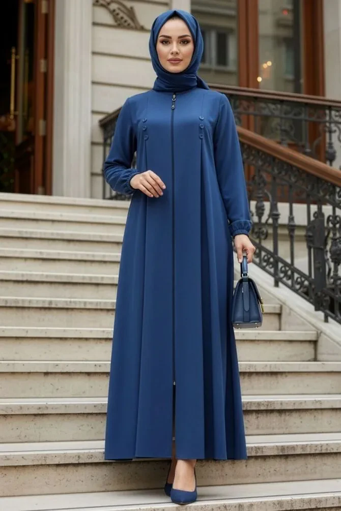 Fermuarlı Mavi Tesettür Abaya 45282M - 1