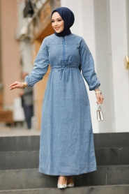 Fermuarlı Mavi Tesettür Kot Elbise 19106M - Thumbnail