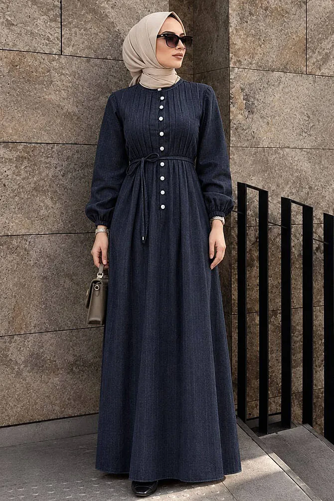 Düğmeli Siyah Tesettür Kot Elbise 19175S - N.S NEVA STYLE