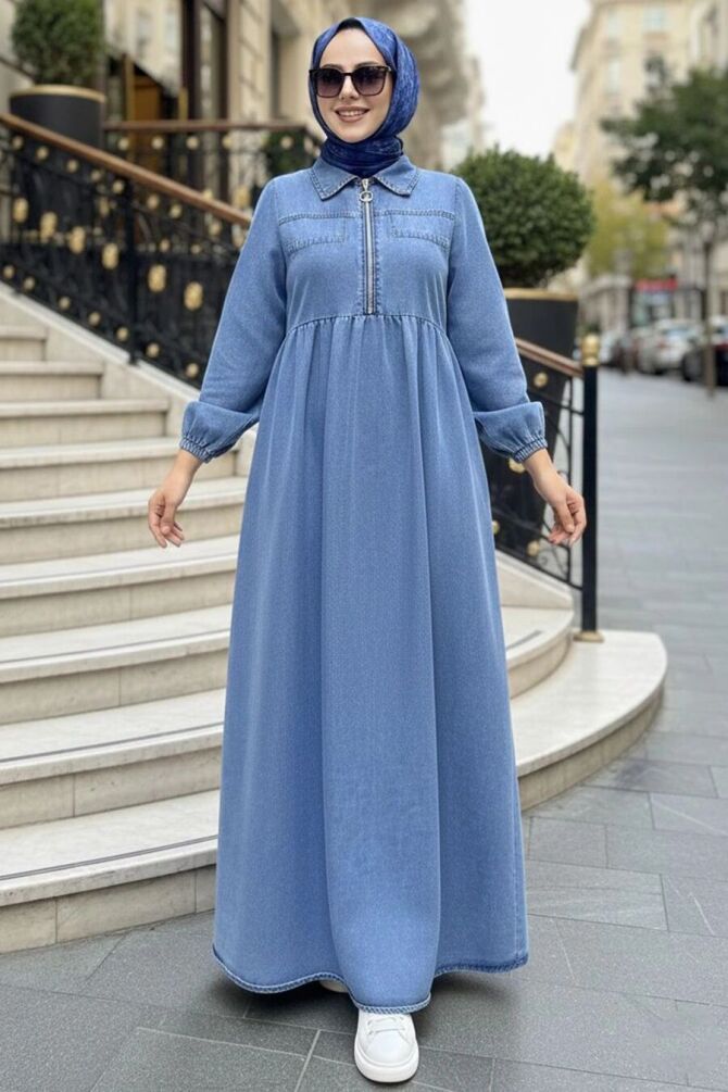 Fermuarlı Mavi Tesettür Kot Elbise 19176M - N.S NEVA STYLE
