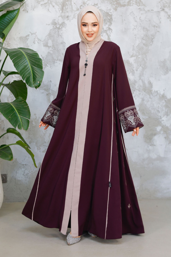 Fermuarlı Mürdüm Tesettür Abaya 41568MU - 1