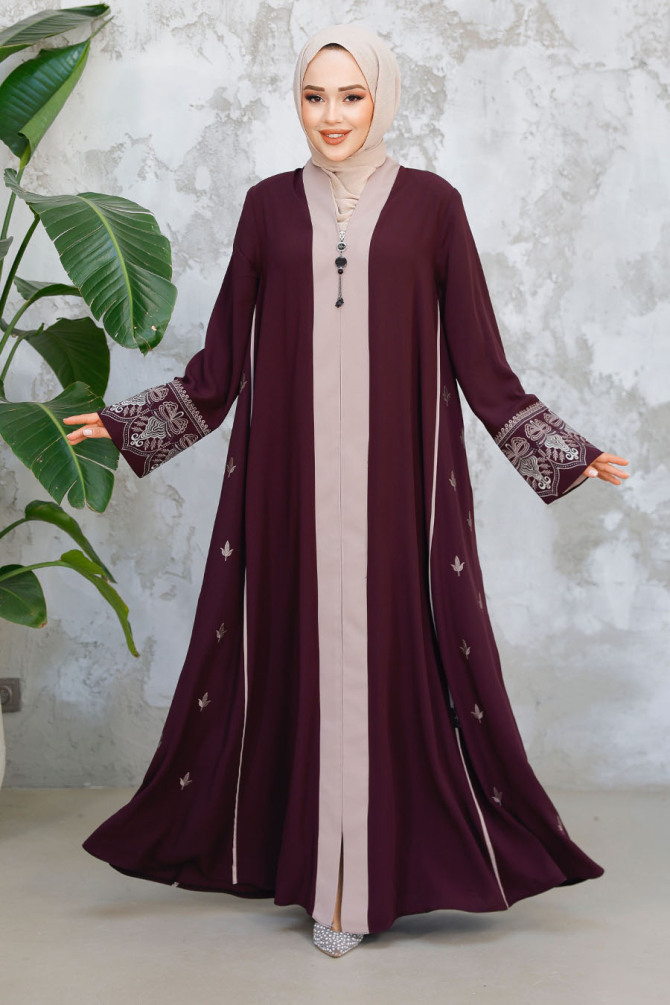 Fermuarlı Mürdüm Tesettür Abaya 41568MU - 2