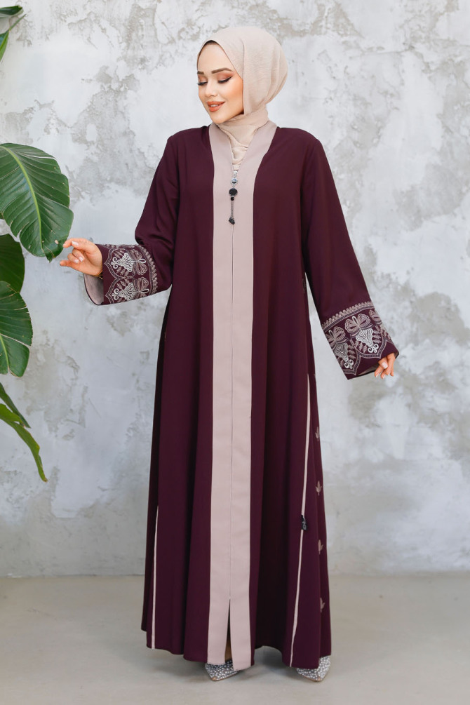 Fermuarlı Mürdüm Tesettür Abaya 41568MU - 3