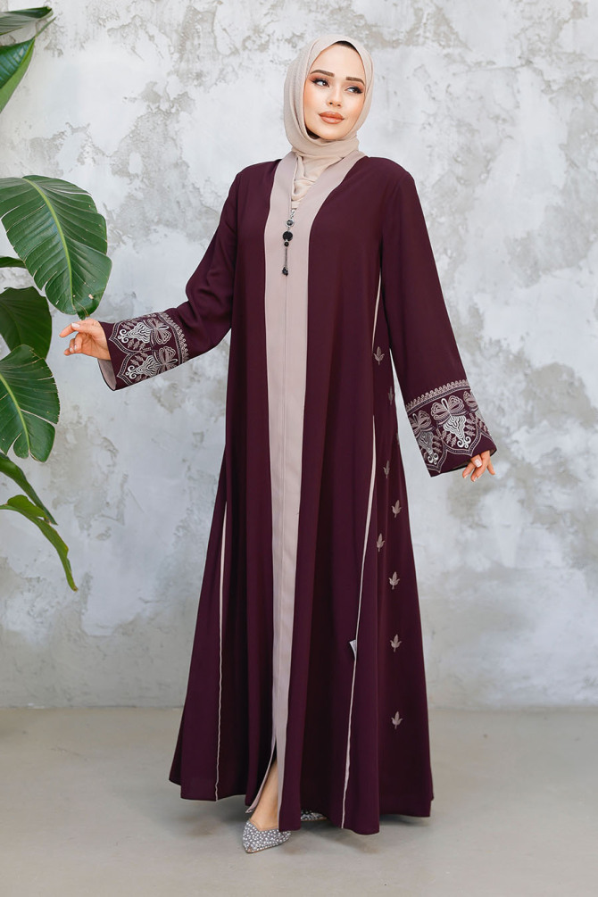 Fermuarlı Mürdüm Tesettür Abaya 41568MU - 4