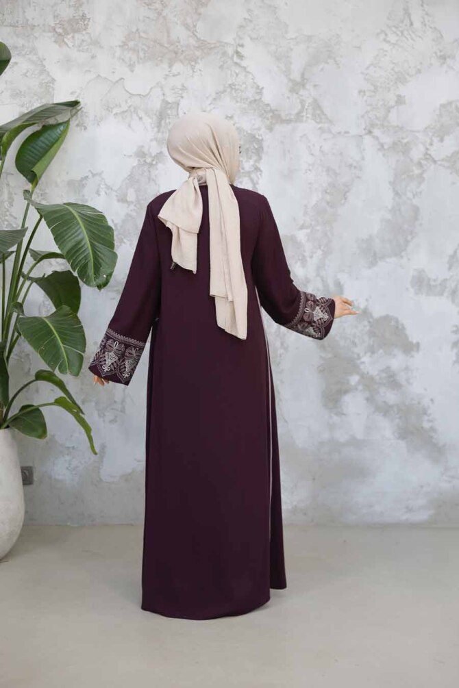 Fermuarlı Mürdüm Tesettür Abaya 41568MU - 5