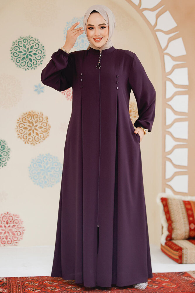 Fermuarlı Mürdüm Tesettür Abaya 45282MU - 2