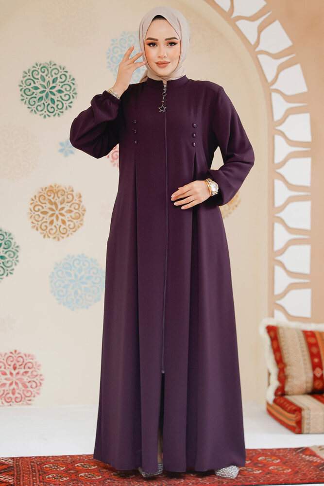 Fermuarlı Mürdüm Tesettür Abaya 45282MU - 3