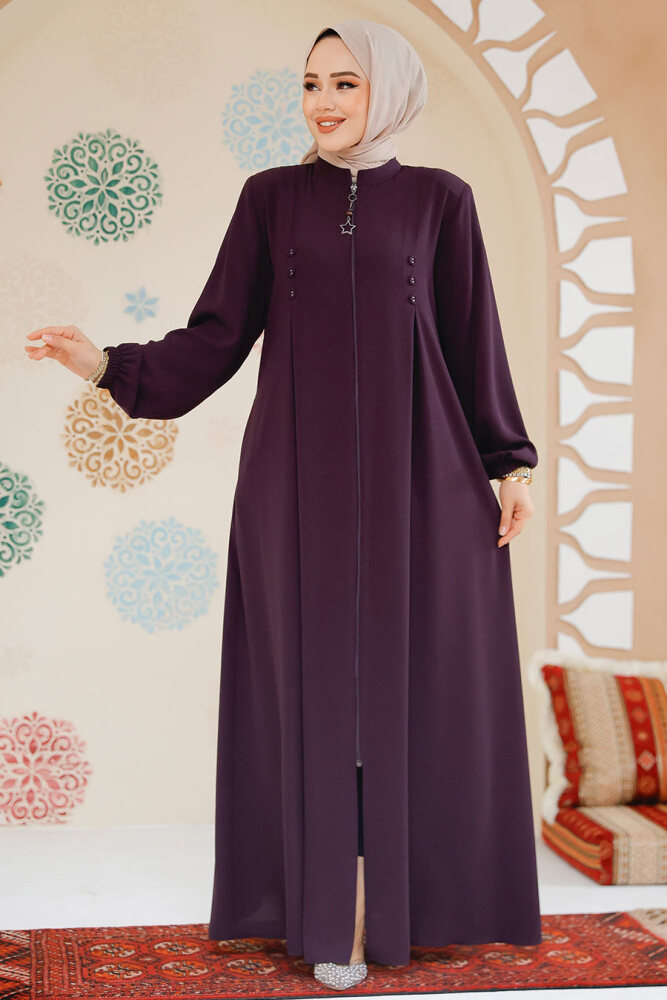Fermuarlı Mürdüm Tesettür Abaya 45282MU - 1