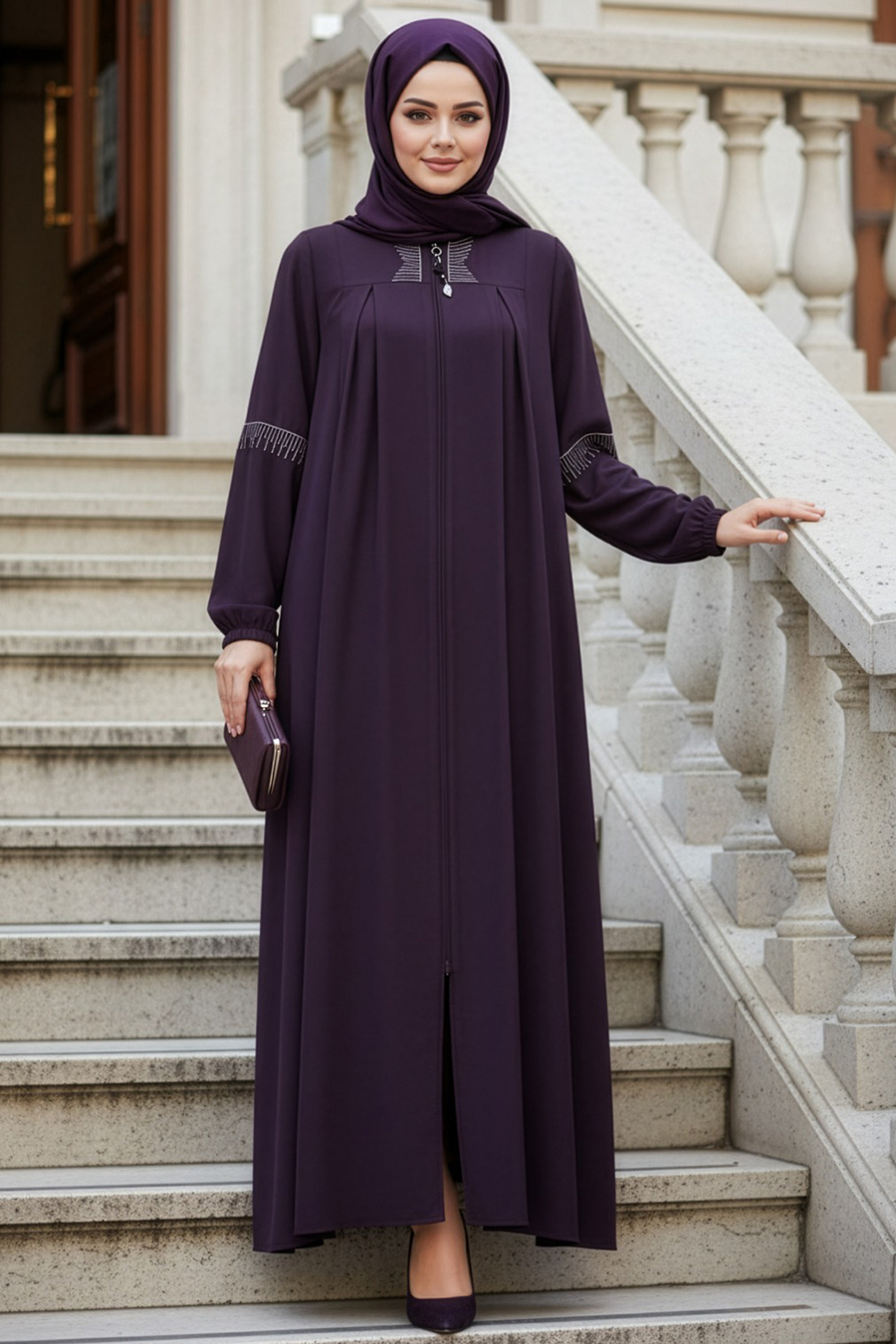 Fermuarlı Mürdüm Tesettür Abaya 45299MU
