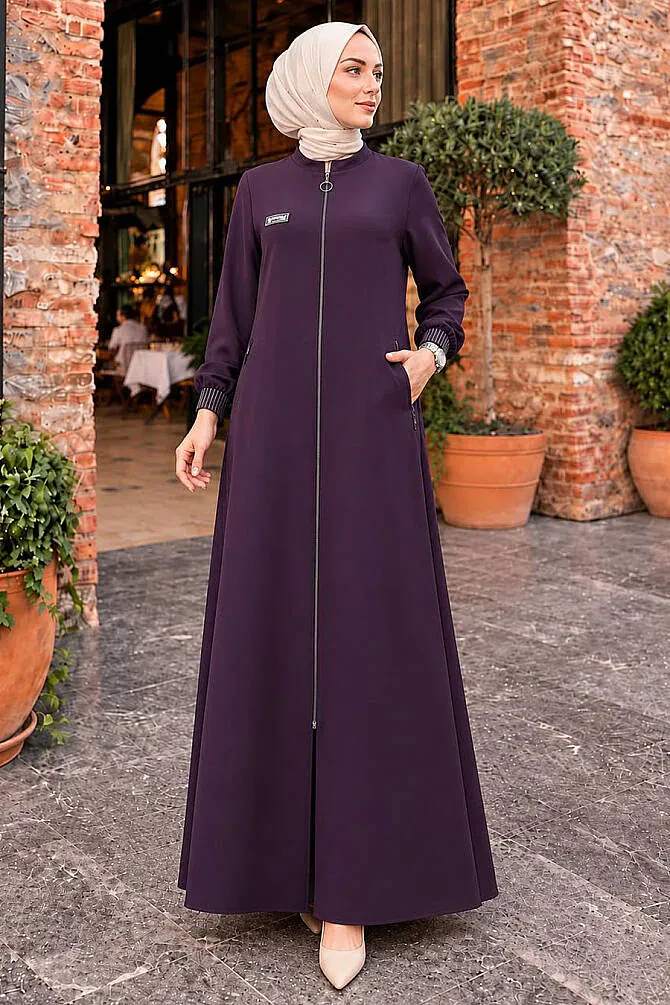 Fermuarlı Mürdüm Tesettür Ferace 26371MU - N.S NEVA STYLE