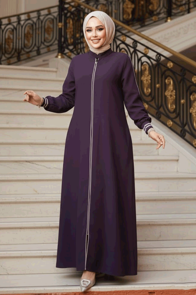 Fermuarlı Mürdüm Tesettür Ferace 26381MU - 1