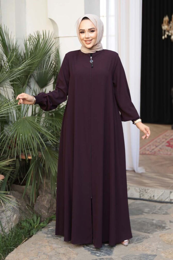 Fermuarlı Mürdüm Tesettür Ferace 45287MU - 1