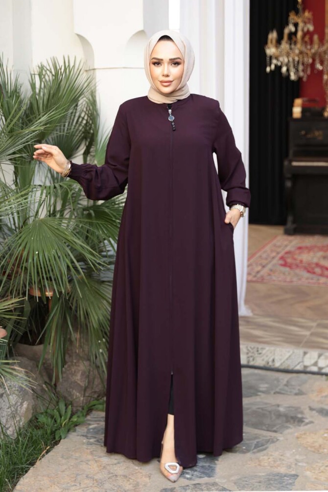 Fermuarlı Mürdüm Tesettür Ferace 45287MU - 2
