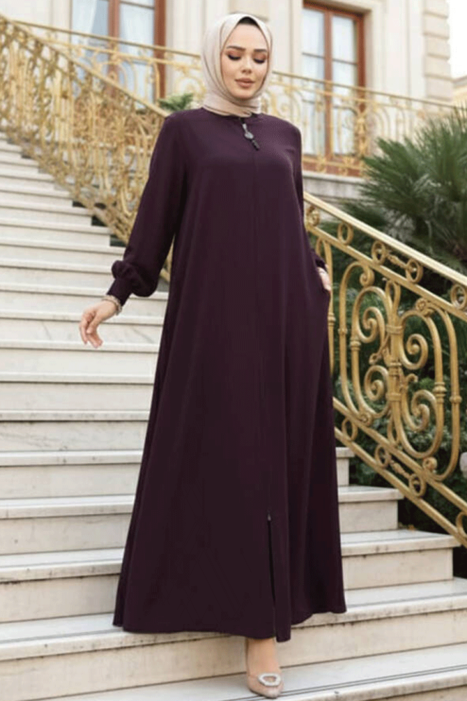 Fermuarlı Mürdüm Tesettür Ferace 45287MU - 1