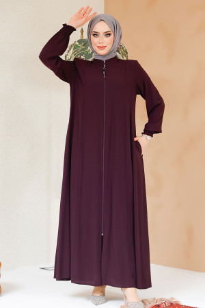 Fermuarlı Mürdüm Tesettür Ferace 45294MU - 2