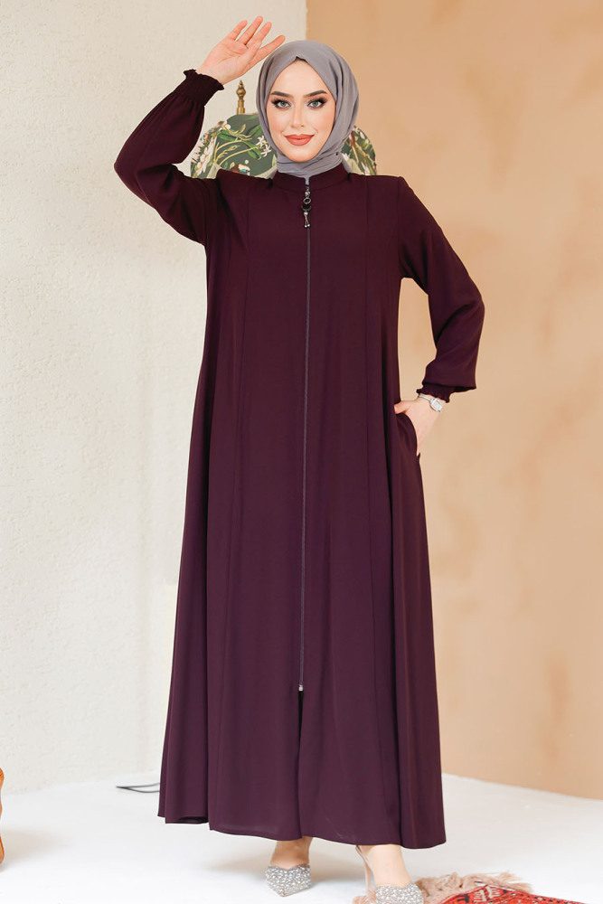 Fermuarlı Mürdüm Tesettür Ferace 45294MU - 2