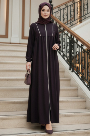 Fermuarlı Mürdüm Tesettür Ferace 45318MU - N.S NEVA STYLE