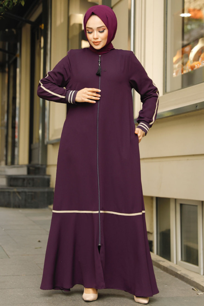 Fermuarlı Mürdüm Tesettür Ferace 62101MU - 3