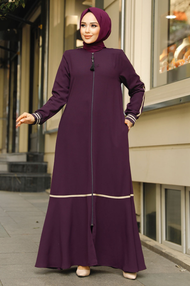 Fermuarlı Mürdüm Tesettür Ferace 62101MU - 1