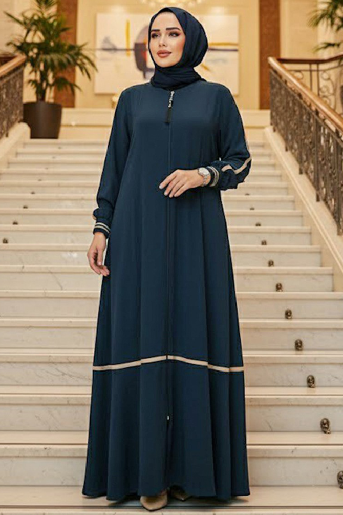 Fermuarlı Petrol Mavisi Tesettür Ferace 26212PM - 1