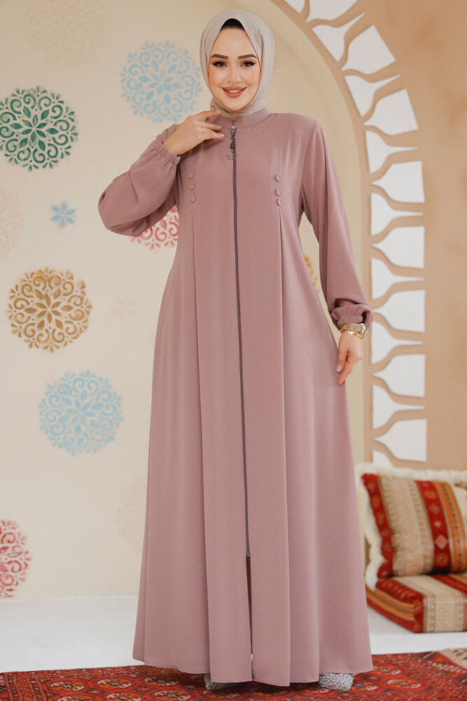 Fermuarlı Pudra Tesettür Abaya 45282PD - 2