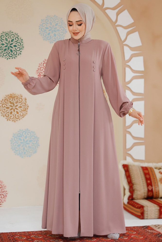 Fermuarlı Pudra Tesettür Abaya 45282PD - 1