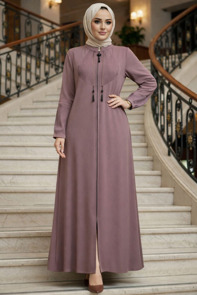 Fermuarlı Pudra Tesettür Abaya 45298PD - 1