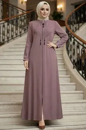 Fermuarlı Pudra Tesettür Abaya 45298PD 