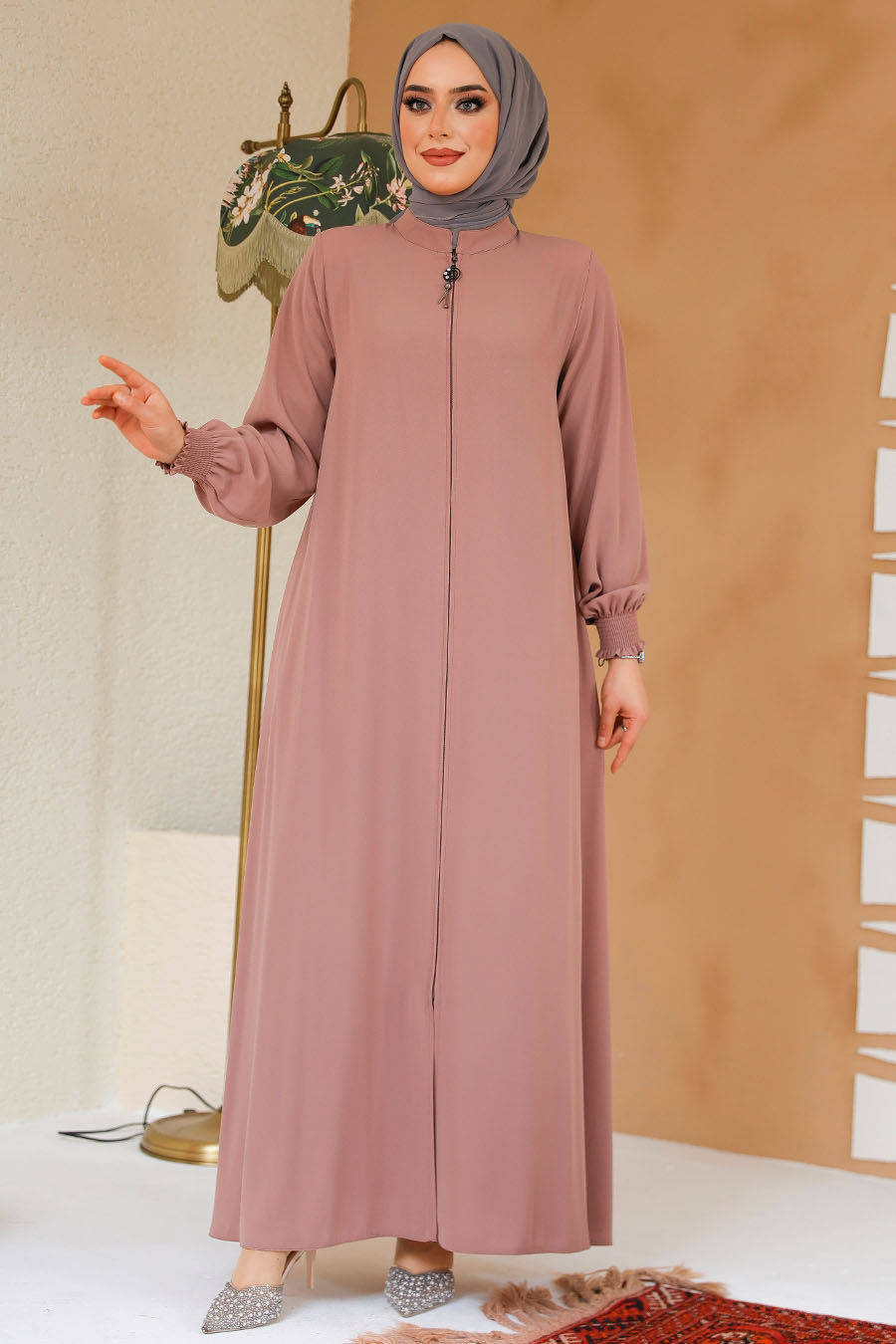 Fermuarlı Pudra Tesettür Ferace 45287PD - 2