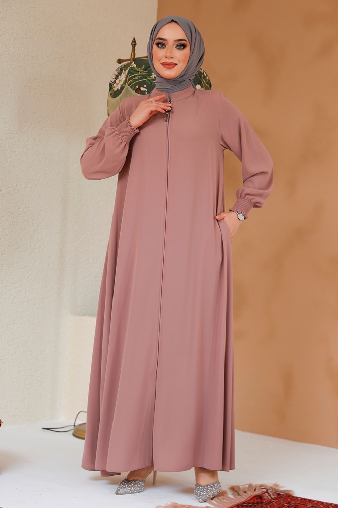 Fermuarlı Pudra Tesettür Ferace 45287PD - 3