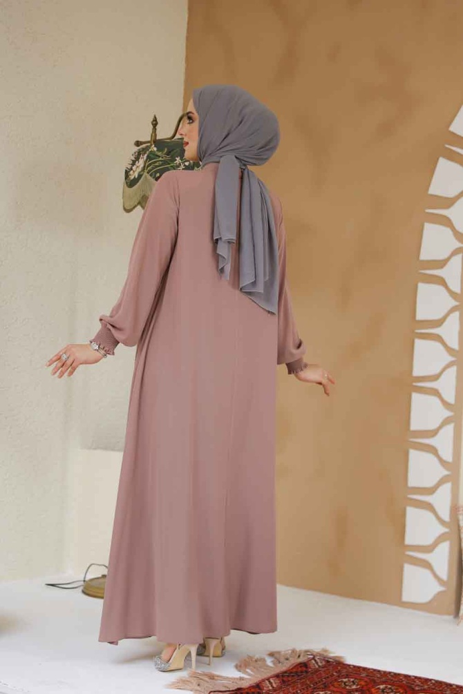 Fermuarlı Pudra Tesettür Ferace 45287PD - 4