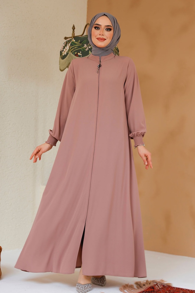 Fermuarlı Pudra Tesettür Ferace 45287PD - 1