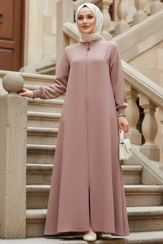 Fermuarlı Pudra Tesettür Ferace 45287PD - 1