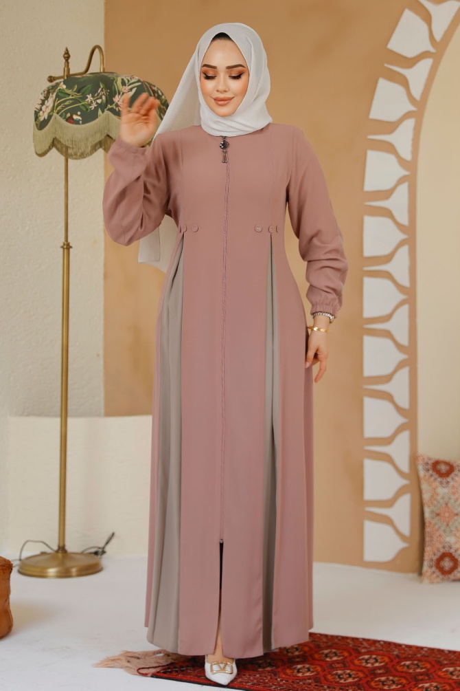 Fermuarlı Pudra Tesettür Ferace 45288PD - 2