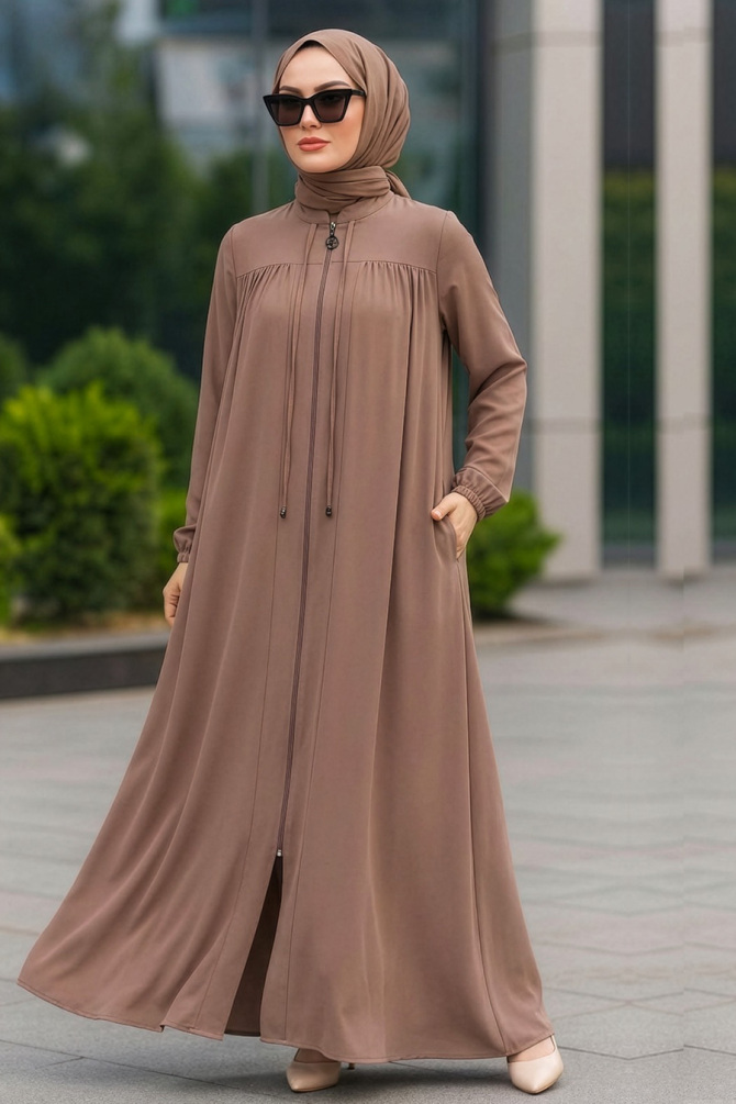 Fermuarlı Pudra Tesettür Ferace 45290PD - NEVA STYLE