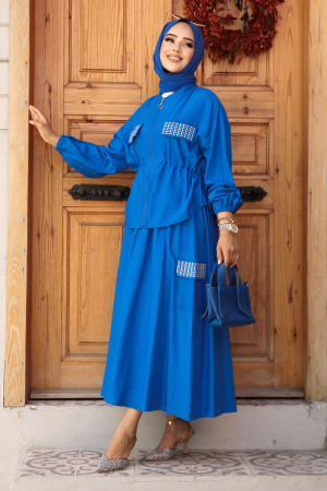 Fermuarlı Sax Mavisi Tesettür İkili Etekli Takım 14225SX - 3