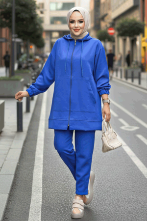 Fermuarlı Sax Mavisi Tesettür İkili Takım 10400SX - NEVA STYLE