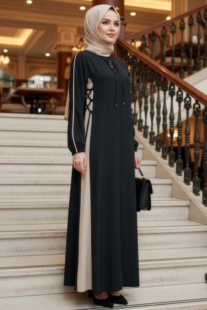 Fermuarlı Siyah Bej Tesettür Ferace 45308SBEJ - N.S NEVA STYLE