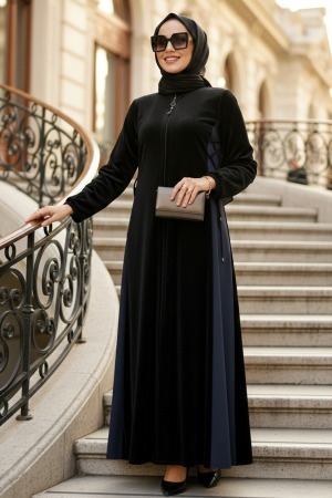 Fermuarlı Siyah Füme Tesettür Ferace 45308SFU 