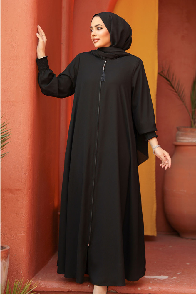 Fermuarlı Siyah Tesettür Abaya 26302S - 3