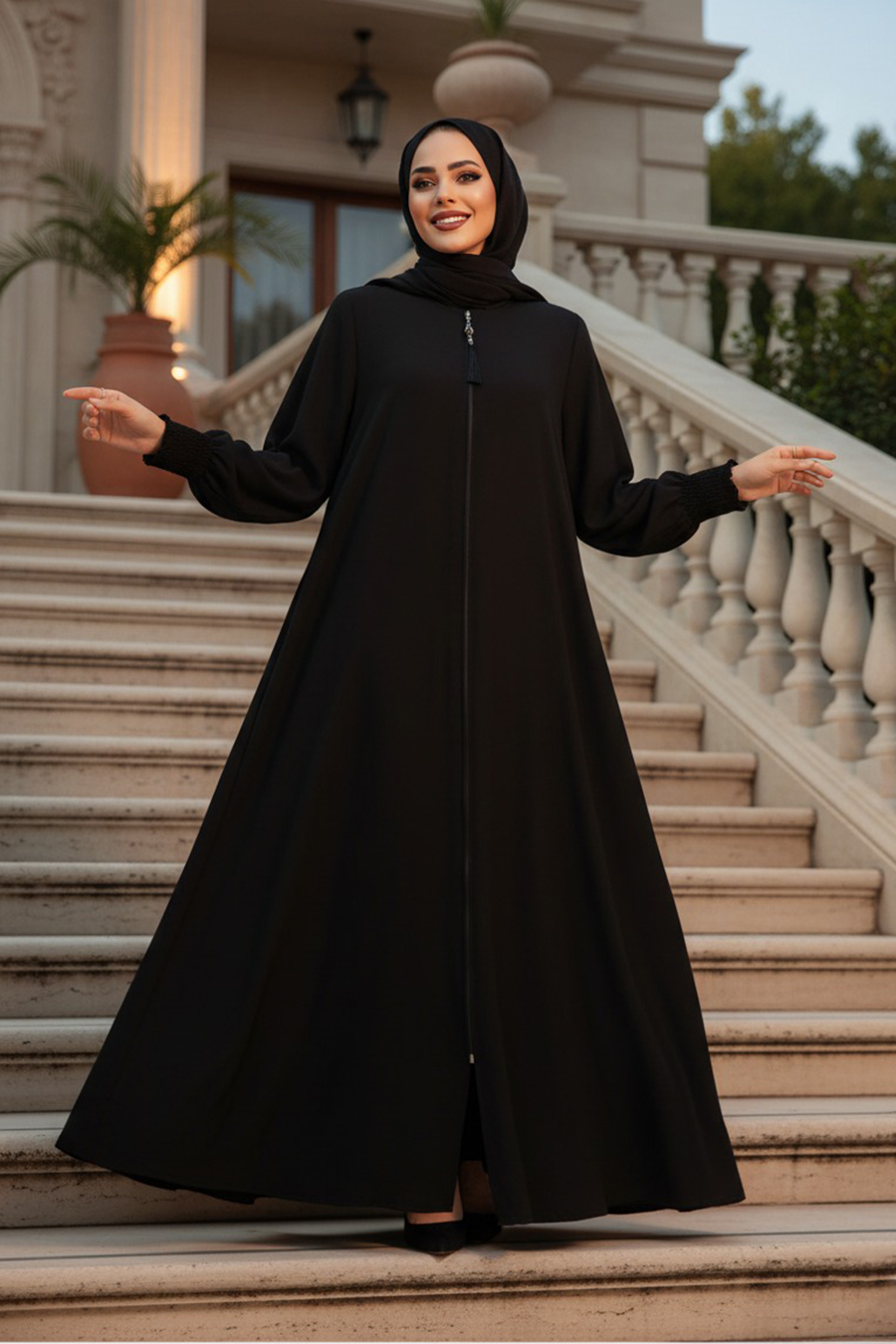 Fermuarlı Siyah Tesettür Abaya 26302S