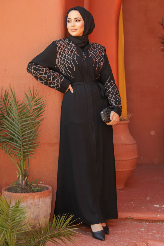 Fermuarlı Siyah Tesettür Abaya 29109S - 1