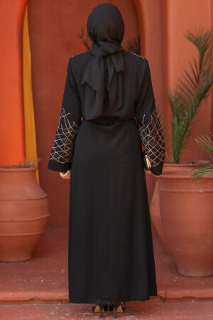 Fermuarlı Siyah Tesettür Abaya 29109S - 4