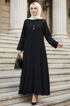 Fermuarlı Siyah Tesettür Abaya 29139S - 1